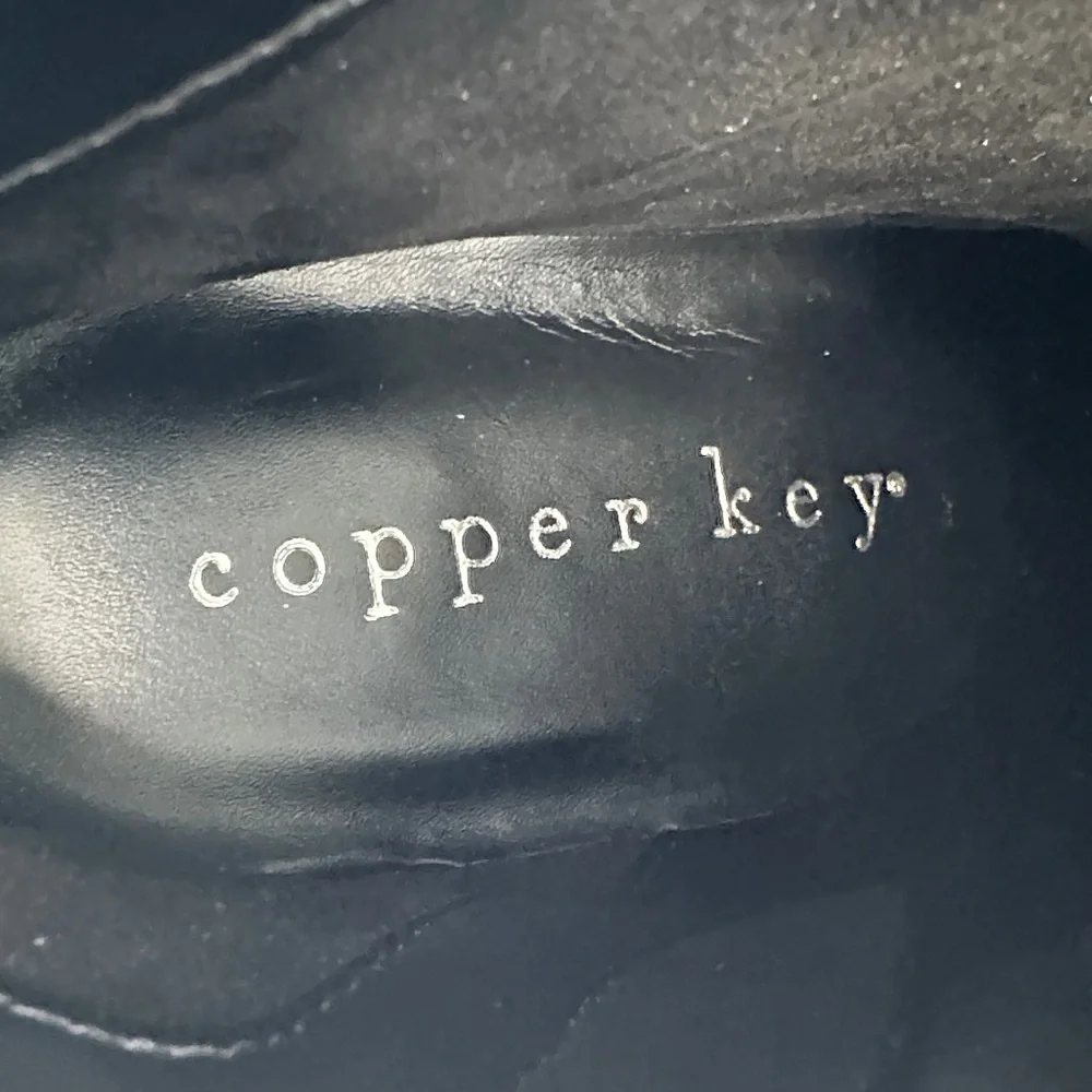 Copper Key Black Ankle Boots with Bow & Glitter Pattern Heel Accent